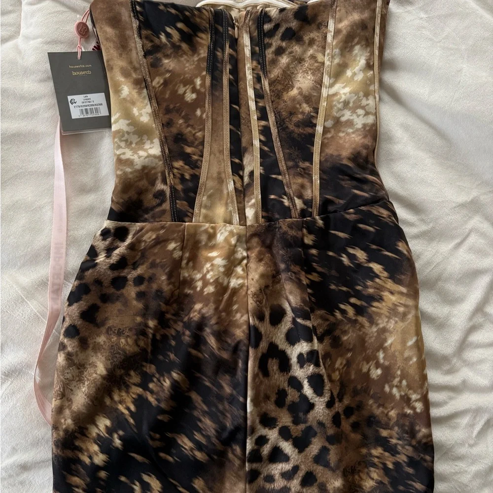 House of CB Leopard Print Strapless Bodycon Dress in Brown and Black - Picture 2 of 7